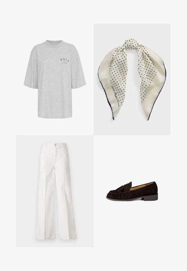 Grijze oversized t-shirt van katoen, met een ronde hals, korte mouwen en een blauwe opdruk met de tekst "BALL THE JEANS".; Witte wijde-broek gemaakt van katoen met een gladde textuur. Voorzien van een knoop aan de voorkant, ritsopening en vierzakkenontwerp.; Brown suede instappers met een ronde neus, geplooide details en een kleine kwastaccent. Heeft een lage, iets verhoogde hak.; Zijden sjaal met een crèmekleurige achtergrond en marineblauwe stippen, geknoopt in het midden; marineblauwe rand; met de tekst "Lauren Ralph Lauren."; Bruine suède handtas met een gestructureerde vorm, zilveren logo hardware, korte handgreep en een afneembare schouderriem. Gladde textuur, minimalistisch ontwerp.