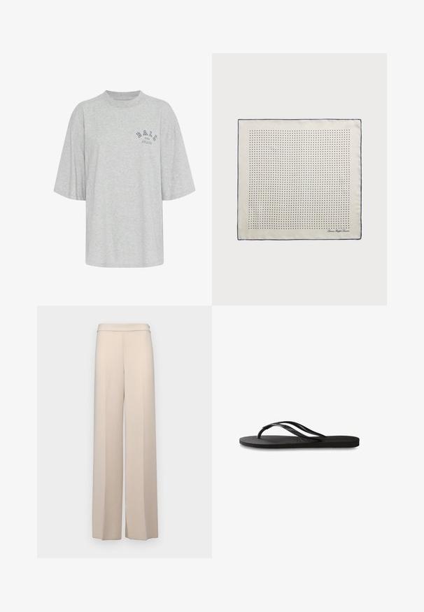 Gray oversized t-shirt made of cotton, featuring a round neck, short sleeves, and a printed logo in navy reading "BALL THE JEANS".; Beige wide-leg pants in a smooth fabric, featuring a high waist and subtle front pleats. No pockets or visible hardware details.; Black flip-flop featuring a textured rubber sole, two slender straps, and a subtle, embossed logo detail on the strap.; Silk scarf in cream with a navy border, featuring evenly spaced navy dots forming a pattern. Signature printed in the corner.; Brown suede handbag with a structured shape, silver logo hardware, short handle, and a detachable shoulder strap. Smooth texture, minimalist design.