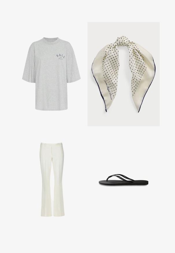 Pelēka, pārāk liela kokvilnas t-kreklu ar apaļu kaklu, īsām piedurknēm un drukātu jūras zilo logotipu ar tekstu "BALL THE JEANS".; Baltas izplestas bikses gludā audumā. Aprīkotas ar divām priekšējām kabatām un vienu priekšējo pogu aizdari, ar smalkām ielocēm.; Melni čības ar teksturētu gumijas zoli, divām plānām siksniņām un smalku, iespiedotu logotipa detaļu uz siksniņas.; Zīda šalle ar krēma krāsas fonu un tumši zilu punktiņu rakstu, sasieta centra daļā; tumši zila apmale; ietver tekstu "Lauren Ralph Lauren."; Brūns zamša rokassoma ar strukturētu formu, sudraba logo aparatūru, īsu rokturi un noņemamu plecu siksnu. Gluda tekstūra, minimālisma dizains.