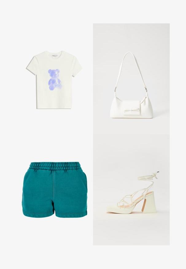Biela bavlnená tričko s priesvitnou fialovou grafikou medvedíka na prednej strane, okrúhlym výstrihom, krátkymi rukávmi a uvoľneným strihom.; Tyrkysové bavlnené šortky s elastickým pásom, bočnými vreckami a prešitými detailmi na leme. Hladká textura a neformálny dizajn.; Biele sandále na vysokom opätku s hrubým podpätkom, s pruhovaným dizajnom a viazaním na členku. Hladký povrch s platformou vpredu pre zvýšenú výšku.; Biela syntetická kabelka s trojuholníkovým tvarom, plochým predným klapkou a detailom mašle, nastaviteľným popruhom, hladkou textúrou a minimalistickým dizajnom.