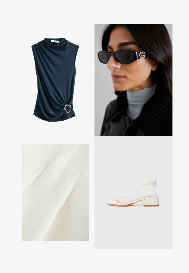 Mørkeblå ærmeløs top med draperet stof, draped halsudskæring og en metallic guldring som accent ved taljen, der tilbyder en glat og blød tekstur.; Tekstilstof i off-white med en subtil tekstureret vævning, der har bløde folder og svage prikker. Glat, blød overflade.; Hvide hælede sandaler med firkantet hæl, tynde stropper og en rund detalje. Har en tekstureret sål og en snoet snørredetalje ved anklen.; Sorte solbriller med en strømlinet rektangulær ramme og en guld logoaccent på siden. Mørke linser og blank overflade er fremtrædende.