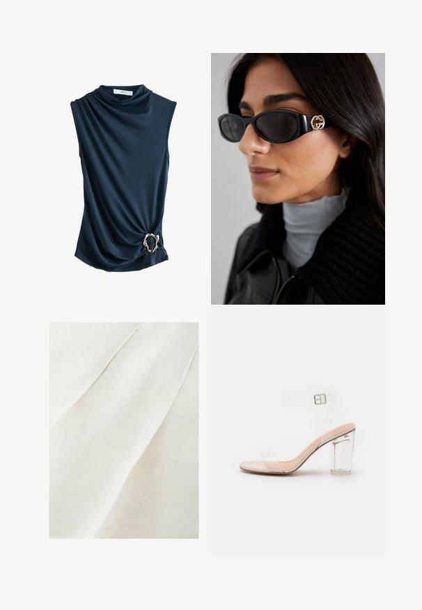 Top sin mangas de color navy con tela drapeada, escote acanalado y un acento de anillo metálico dorado en la cintura, que ofrece una textura suave y lisa.; Tejido textil en blanco roto con un sutil tejido texturizado, que presenta suaves pliegues y ligeras motas. Acabado suave y de tacto delicado.; Sandalia con tacón transparente y tiras transparentes. Presenta una plantilla de color beige claro y una hebilla de tobillo segura. Diseño moderno y elegante.; Gafas de sol negras con un elegante marco rectangular y un acento de logotipo dorado en el lateral. Las lentes oscuras y el acabado brillante son prominentes.
