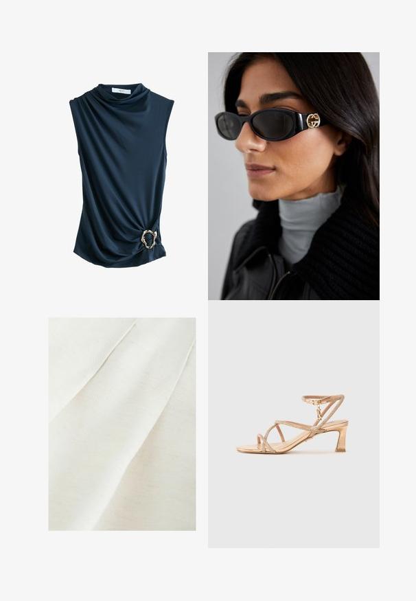 Navy sleeveless top with draped fabric, cowl neckline, and a metallic gold ring accent at the waist, offering a smooth, soft texture.; Textile fabric in off-white with a subtle textured weave, featuring gentle folds and faint speckles. Smooth, soft finish.; Open-toe heeled sandals in metallic gold, featuring crisscross straps adorned with shimmer detailing and a block heel. Adjustable ankle strap.; Black sunglasses featuring a sleek rectangular frame with a gold logo accent on the side. Dark lenses and glossy finish are prominent.
