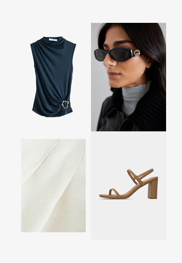 Marineblauw mouwloos topje met gedrapeerd stof, een colhals en een metallic gouden ringaccent op de taille, dat een soepele, zachte textuur biedt.; Textielstof in off-white met een subtiele geweven structuur, met zachte plooien en vage spikkels. Glad, zacht oppervlak.; Lichtbruine hoge sandalen met twee slanke riemen en een vierkante blokhak. Glad materiaal met een minimaal ontwerp en een klein gouden gespdetail.; Zwarte zonnebril met een stijlvolle rechthoekige montuur en een gouden logo-accent aan de zijkant. Donkere lenzen en een glanzende afwerking zijn opvallend.; Witte faux leren handtas met een opklapbare klep, gouden hardware en een afneembare schouderriem. Beschikt over een gespsluiting en een gladde textuur.