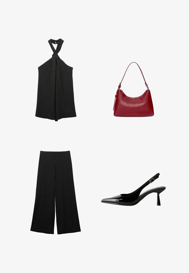 Svart ärmlös topp med knuten halterneck och en lös silhuett. Tillverkad av textil med struktur, med en subtil glans och knäppning.; Svarta vida byxor tillverkade av ett mjukt tyg. Har hög midja och slät yta utan synliga mönster eller detaljer.; Svart lackläder slingback pumps med spetsig tå, urklippta sidor, justerbart vristband och en tunn, elegant klack.; Röd läderaxelväska med en rundad design, slät yta och dragkedjestängning. Den har ett tunt handtag för bärande.