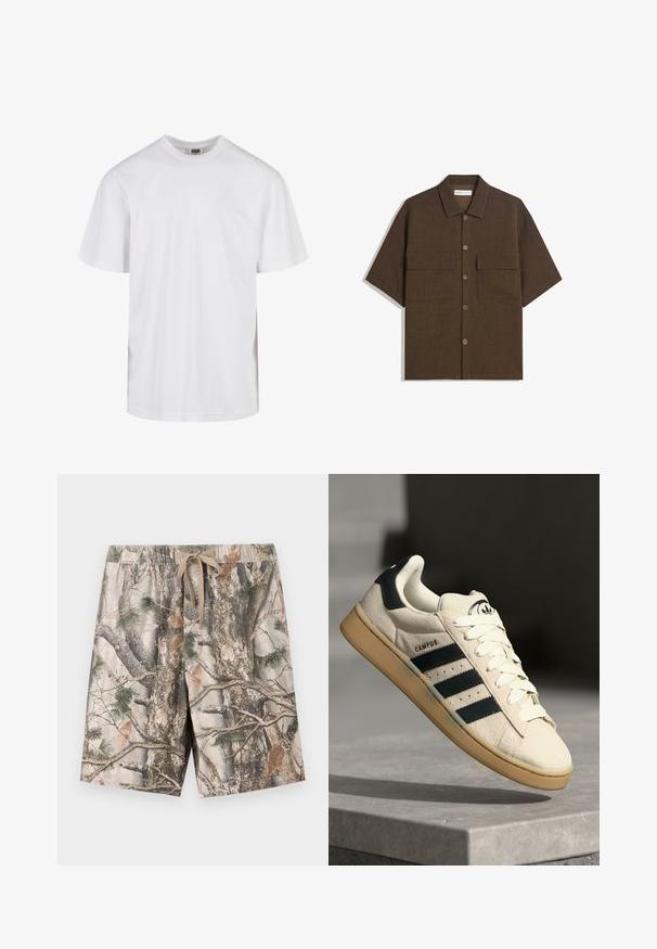 T-shirt bianca in cotone con scollatura rotonda e maniche corte. Il design è semplice, senza motivi o accenti.; Camicetta a manica corta di colore marrone scuro realizzata in tessuto testurizzato. Presenta una chiusura a bottoni e due tasche sul petto. Design casual con vestibilità rilassata.; Bermuda a fantasia mimetica realizzate in tessuto leggero; presentano una vita elastica con cordoncino; i colori includono beige, marrone e verde.; Sneaker in suede beige con tre strisce blu scuro, lacci bianchi e suola in gomma beige. Presenta un logo sulla linguetta e il testo "CAMPUS".