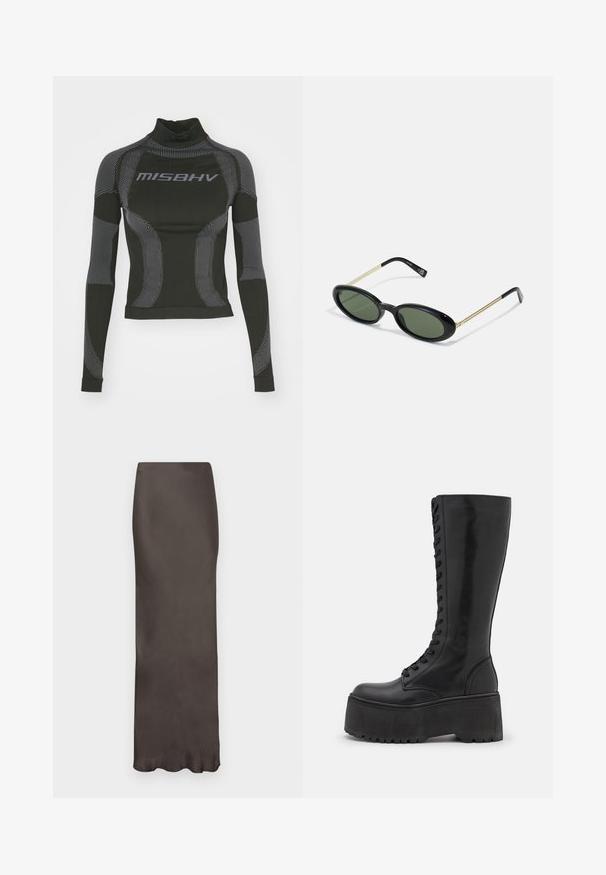 T-shirt de performance noir à manches longues avec un col haut, en tissu extensible, et des motifs linéaires gris contrastés avec le logo "MISBHV" sur le devant.; Jupe en satin marron, longue jusqu'au sol, avec une silhouette ajustée et une texture lisse. Présente un éclat subtil et ne comporte aucun motif ni ornement.; Zign LEATHER - Bottes à lacets - black; Lunettes de soleil en forme ovale avec des verres verts, une monture en plastique noir et des branches en métal doré fines. Présente un design minimaliste avec une texture lisse.