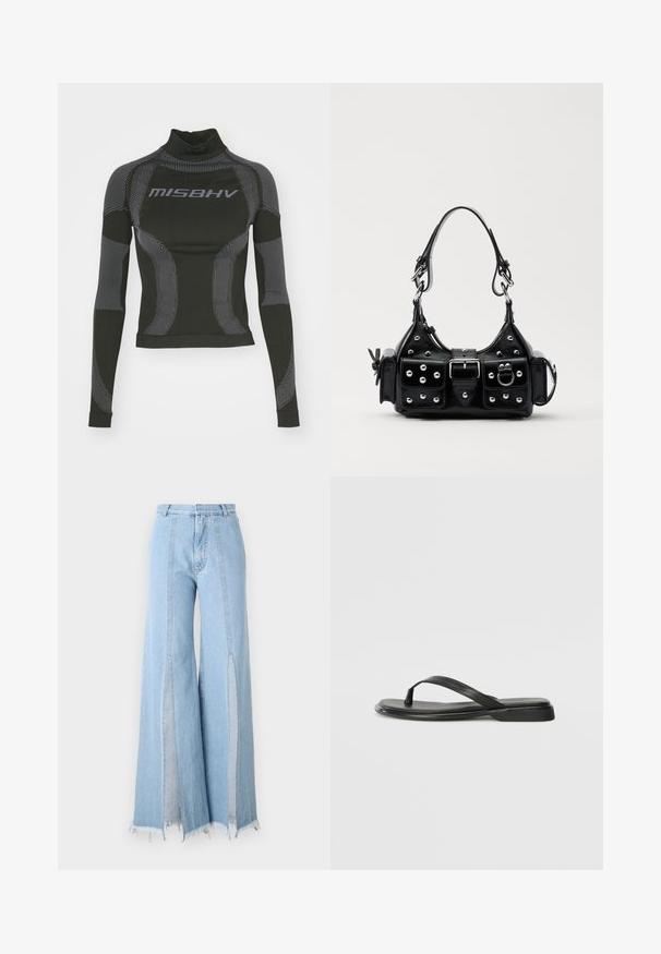 Černý dlouhý rukáv výkonnostního topu s vysokým límcem, elastickým materiálem a kontrastními šedými liniemi s logem "MISBHV" na přední straně.; Svetle modré široké džíny s vysokým pasem, se bočními rozparky a nezpracovanými lemy. Vyrobené z denimu s kontrastním šitím.; Černé žabky vyrobené z hladké kůže, s tenkým designem popruhu a plochou podrážkou s minimálním profilem. Žádné výrazné vzory ani akcenty.; Černá kožená kabelka s křivkovým designem, zdobená stříbrnými hřebíky, s přezkou a dvěma bočními kapsami. Nastavitelný popruh pro různé možnosti nošení.