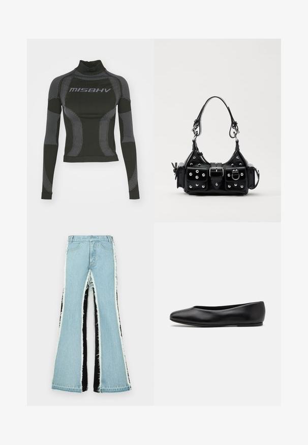 Black long-sleeve performance top featuring a high neck, stretch fabric, and contrasting gray line patterns with "MISBHV" logo on the front.; Light blue flared jeans with black side panels, frayed edges, and a high waist design. Features standard pockets and belt loops.; Paul Smith TOPANGA - Ballet pumps - black; Black leather handbag with a curved design, featuring silver studs, a buckle, and two side pockets. Adjustable strap for carrying options.