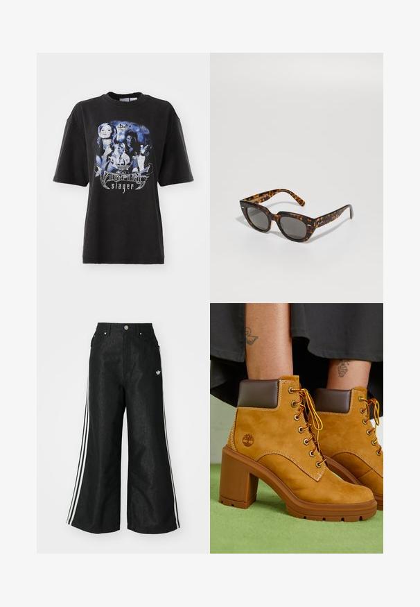 T-shirt oversize noir en coton, avec un imprimé graphique aux tons bleus comportant des images et du texte lié à "Buffy contre les vampires."; Pantalon en denim large noir avec trois accents de rayures blanches de chaque côté et un petit logo blanc. Dispose de poches avant et d'une fermeture à bouton.; Bottes de cheville en suède beige avec un col marron, des œillets dorés et des lacets jaunes. Talon épais marron et détail de logo sur le côté.; Lunettes de soleil en écaille de tortue avec des montures angulaires et des lentilles grises. Présentent une finition brillante et un logo discret sur les branches.