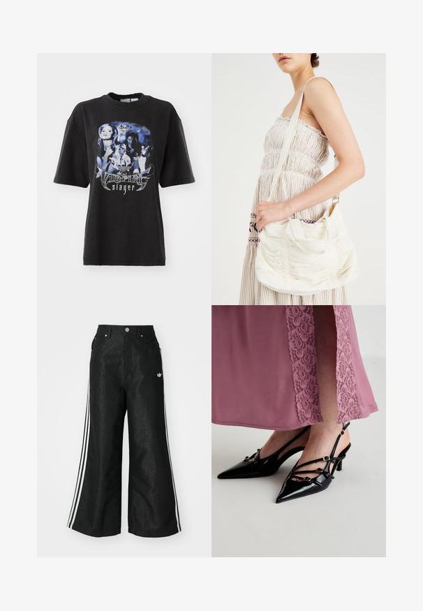 Black oversized t-shirt made of cotton, featuring a graphic print in blue tones with images and text related to "Buffy the Vampire Slayer."; Black wide-leg denim pants with three white stripe accents on each side and a small white logo. Features front pockets and a button closure.; Black patent leather slingback heels with pointed toes, featuring multiple thin straps and gold-tone buckle accents.; White fabric shoulder bag with gathered texture, adjustable strap, and silver hardware. Displayed alongside a cream-colored dress.
