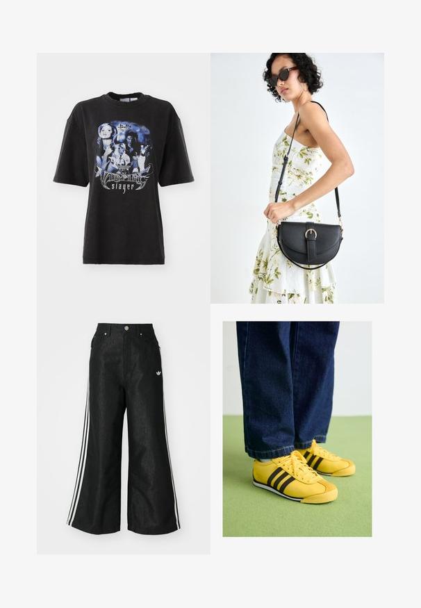 Melnā pārāk liela T-kreklu, izgatavots no kokvilnas, ar grafisku druku zilo toņu shēmā, kurā ir attēli un teksti, kas saistīti ar "Buffy the Vampire Slayer".; Melni platās kājas džinsi ar trim baltām svītrām katrā pusē un mazu baltu logotipu. Iezīmē priekšējos kabatas un pogu aizdari.; Dzelteni ādas čības ar melnām svītrām, ar teksturētu purngalu un baltu zoli, savienotas ar tumšiem džinsiem, uz zaļas virsmas.; Melnas ādas rokassoma ar izliekta formu, noņemamu siksnu un zelta aksesuāriem. Somai ir vāciņš ar sprādzes detaļu.