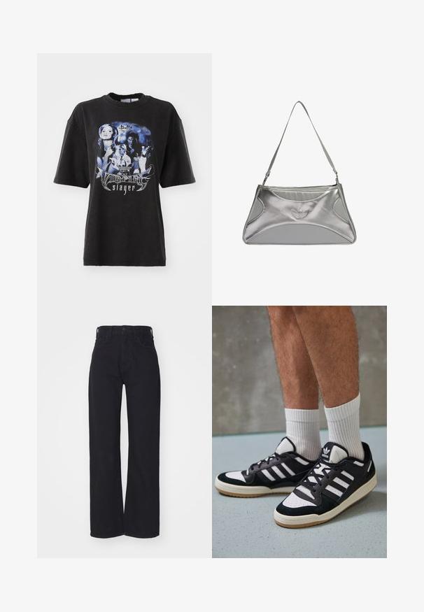 Black oversized t-shirt made of cotton, featuring a graphic print in blue tones with images and text related to "Buffy the Vampire Slayer."; Black high-waist wide-leg jeans with front button and zip closure, belt loops, and two front pockets on a white background.; Black and white sneakers with a suede and leather upper, featuring three white stripes, a perforated toe, and a gum rubber sole.; Silver metallic handbag with a sleek, structured design, featuring a textured body, a shoulder strap, and an embossed logo accent.