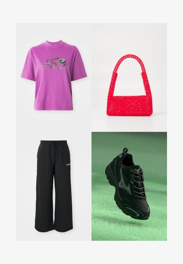Fialové tričko s krátkým rukávem a vysokým límcem, na kterém je grafický design stylizovaných písmen "A", "C" a "9" s květinovými a trnitými prvky.; Černé široké tepláky vyrobené z měkkého materiálu, s elastickým pasem na šňůrku a malým logem na levé straně.; Černé atletické boty s texturovaným povrchem, šedými akcenty a tkaničkami. Mají výrazné logo značky a polstrovanou podrážku pro podporu.; Červená kabelka vyrobená z plastových korálků, s čtvercovým dnem a zakřiveným držadlem. Povrch má strukturovaný, lesklý finiš s vzorem korálků.