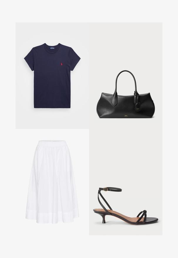 Donkerblauwe katoenen t-shirt met korte mouwen en een ronde hals. Bevat een klein rood geborduurd logo op de linkerborst.; Witte, knielange rok van lichtgewicht stof, met een elastische tailleband en een vloeiend ontwerp met subtiele textuur.; Polo Ralph Lauren LEATHER KITTEN-HEEL SANDAL - Klassieke pumps - black; Zwarte leren handtas met een gladde textuur, ronde vorm, twee handvaten en een klein label eraan. Subtiele merklogo in het goud aan de voorkant.