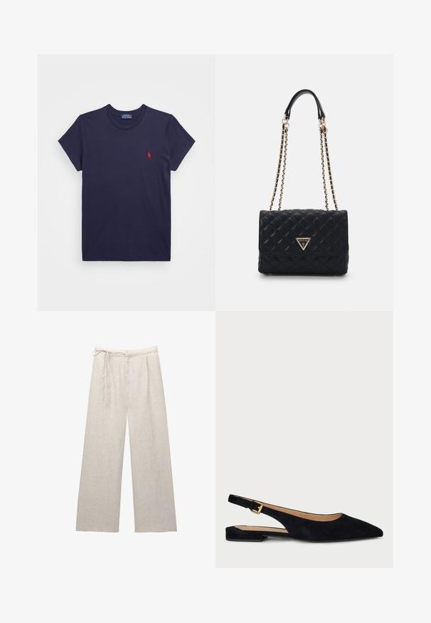 Donkerblauwe katoenen t-shirt met korte mouwen en een ronde hals. Bevat een klein rood geborduurd logo op de linkerborst.; Lichtbeige linnen wijde broek met een hoge taille, plooien en een verstelbaar koord. De gladde textuur en strakke lijnen verbeteren het ontwerp.; Zwarte suède slingback ballerina's met spitse neus, minimalistisch ontwerp, gouden hardware gesp en een lage hak. Soepele textuur en elegante silhouet.; Zwarte gestikte handtas met een gouden driehoeklogo, voorzien van een dubbele kettingriem en een gladde leren textuur. Rechthoekige vorm met klepsluiting.
