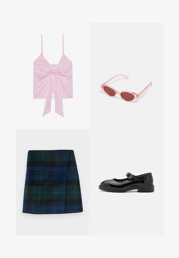 Top rosa senza maniche con dettaglio annodato anteriormente, caratterizzato da spalline sottili e una texture morbida e liscia. Design casual con una vestibilità rilassata.; Gonna a quadri con colori verde scuro, blu e nero, con taglio dritto e texture morbida, caratterizzata da una forma strutturata.; Scarpa Mary Jane in vernice nera con punta tonda, cinturino regolabile con fibbia, tacco a blocco basso e finitura liscia e lucida.; Occhiali da sole rosa trasparenti con lenti ovali, tonalità rosso scuro e bracci sottili, dotati di una finitura liscia e dettagli sottili sulla montatura.