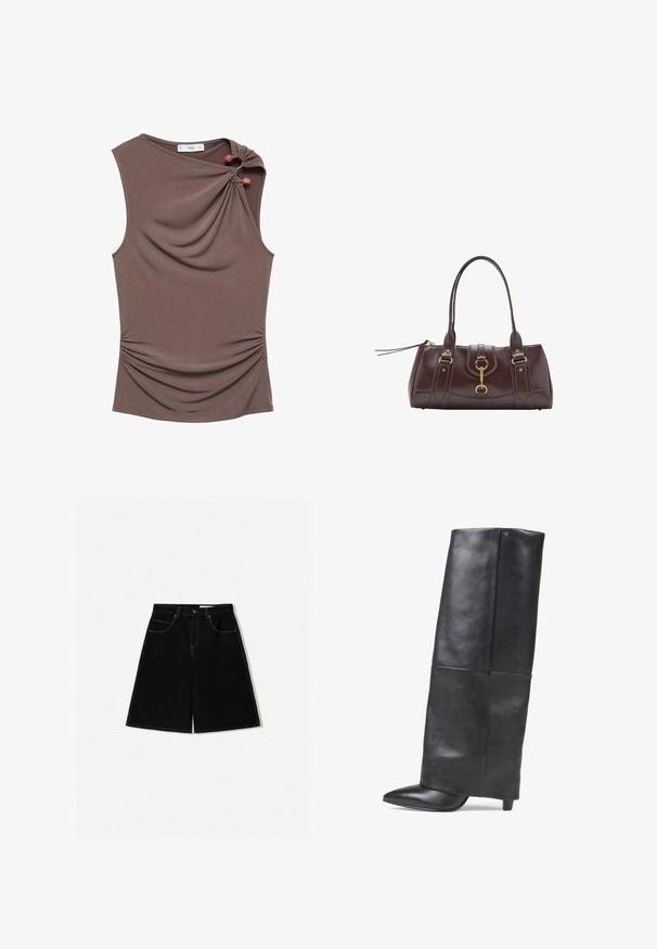 Rjava brezrokavna majica z drapiranim sprednjim delom, stranskim nabiranjem in dvema okrasnima gumboma na rami v gladkem, raztegljivem materialu.; Črne denim kratke hlače ohlapnega kroja, opremljene s petimi žepi, poudarjene z rumenim ponekod šivom in srednjim pasom.; Bronx JADEY - Škornji - black; Temno rjava usnjena torbica z dvema zgornjima ročajema, zlatimi dodatki, podrobnostjo sprednjega zapiranja in šivanim teksturo na straneh.