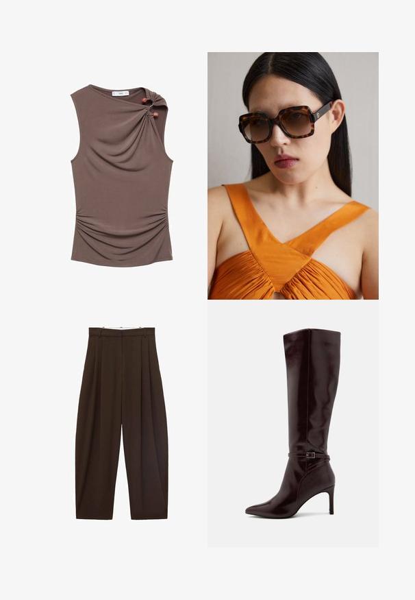 Brun ærmeløs top med draperet front, sidelæg og to dekorative knapper på skulderen i et glat, strækbart stof.; Brune højtaljede bukser med folder, lavet af glat stof. Løs pasform, straight leg design, med bæltestropper og lynlås.; Anna Field Høje støvler/ Støvler - bordeaux; Brune skildpaddemønstrede oversized solbriller med en bred rektangulær kant og gradientlinser. Guldfarvet logo detalje på siden.; Mørkebrun læderhåndtaske med to hanke i toppen, detaljer i guldmetal, en frontlås og syede teksturer på siderne.