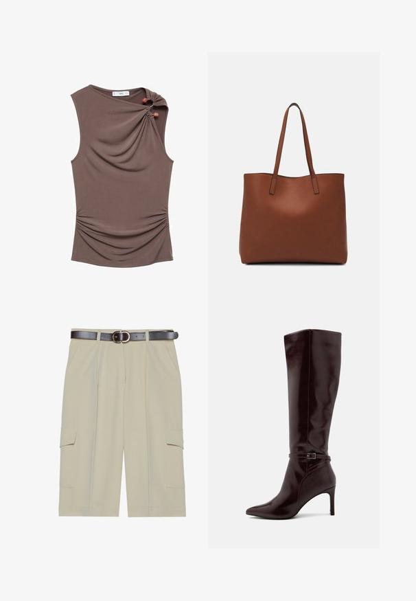 Smeđi bezrukavnik s naboranim prednjim dijelom, bočnim naborima i dva ukrasna dugmeta na ramenu, izrađen od glatkog, rastezljivog materijala.; Bež kratke hlače s relaksiranim fitom, s dva bočna džepa i smešnim remenom s okruglom kopčom, glatke teksture tkanine.; Anna Field Čizme - bordeaux; Smeđa kožna torba preko ramena s glatkom teksturom, otvorenim vrhom i dvjema naramenicama. Ima minimalne šavove i nema vidljivog hardvera.