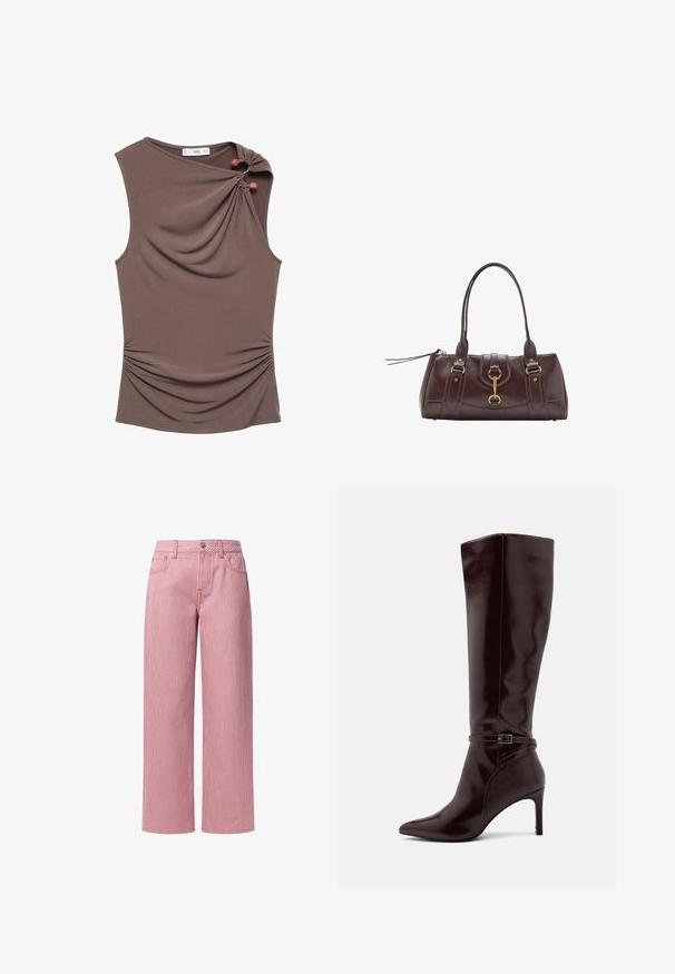 Hnedý bezrukávový top s drapovaným predným dielom, bočným zberaním a dvoma ozdobnými gombíkmi na pleci, vyrobený z hladkej, elastickej látky.; Červenobiele pruhované nohavice s širokými nohavicami a vysokým pásom, prednými vreckami, uzáverom s kovovým gombíkom a pútkami na opasok. Vyrobené z ľahkej tkaniny.; Anna Field Čižmy - bordeaux; Tmavohnedá kožená kabelka s dvoma hornými uchami, zlatými kovovými akcentmi, predným zámkom a prešívanými textúrami na stranách.