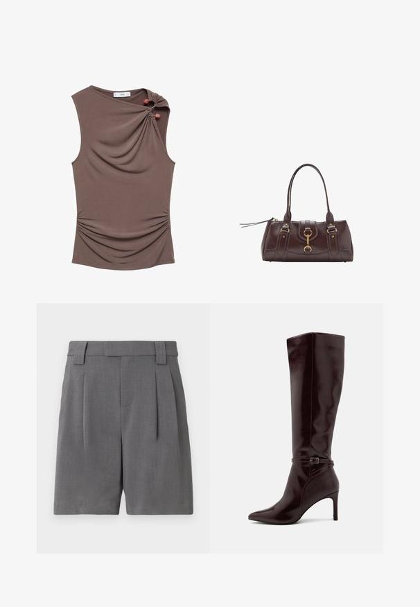 Rjava brezrokavna majica z drapiranim sprednjim delom, stranskim nabiranjem in dvema okrasnima gumboma na rami v gladkem, raztegljivem materialu.; Sive prirejene kratke hlače, narejene iz fine teksturirane tkanine. Imajo sprednje nabrane dele, zanke za pas in stranske žepe za strukturiran videz.; Anna Field Škornji - bordeaux; Temno rjava usnjena torbica z dvema zgornjima ročajema, zlatimi dodatki, podrobnostjo sprednjega zapiranja in šivanim teksturo na straneh.