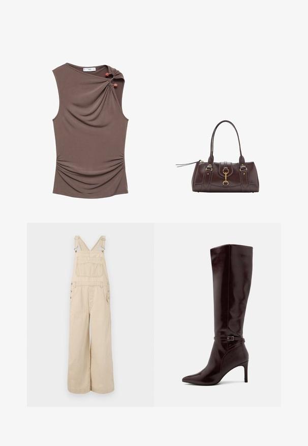 Hnedý bezrukávový top s drapovaným predným dielom, bočným zberaním a dvoma ozdobnými gombíkmi na pleci, vyrobený z hladkej, elastickej látky.; Béžové pruhované nohavice s širokými nohavicami, s nastaviteľnými ramienkami, kovovými gombíkmi, prednými vreckami a vreckom na hrudi.; Anna Field Čižmy - bordeaux; Tmavohnedá kožená kabelka s dvoma hornými uchami, zlatými kovovými akcentmi, predným zámkom a prešívanými textúrami na stranách.