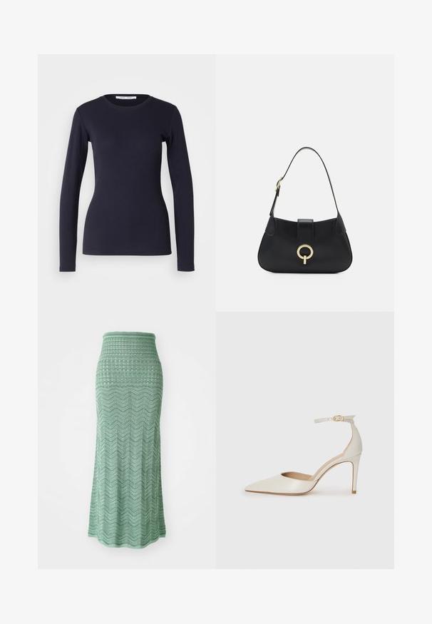 Marineblaue Langarm-T-Shirt aus weicher Baumwolle. Verfügt über einen runden Ausschnitt, eine taillierte Form und eine gerippte Struktur. Einfaches Design in einfarbiger Ausführung.; sandro Maxirock - menthe à l'eau; Weiße Leder-Pumps mit spitz zulaufender Zehe, Knöchelriemen und schlanker Stiletto-Absatz. Glatte Oberfläche mit dezent glänzendem Finish.; Schwarze Ledertasche mit einer geschwungenen Silhouette, kurzer Tragriemen, zentralem goldfarbenem Hardware und glatter Textur. Keine sichtbaren Muster oder Akzente.
