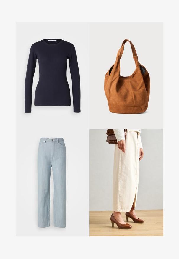 T-shirt à manches longues navy en coton doux. Présente un col rond, une coupe ajustée et une texture côtelée. Design simple et uni.; Jean droit en denim bleu clair. Comprend cinq poches, une fermeture à bouton en métal et un léger délavage pour la texture.; Des chaussures à talons marron avec un bout arrondi, accompagnées d'une jupe longue couleur crème présentant une fente à l'avant, et d'un sac à main marron texturé.; Sac à épaule en daim brun avec une texture douce, une forme incurvée et deux poignées. Il présente un design minimaliste sans matériel ou accents visibles.
