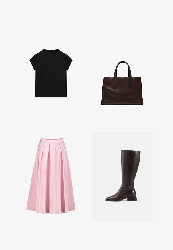 T-shirt noir à manches courtes, col rond, avec un ourlet droit, présenté à plat sur un fond blanc.; Jupe midi plissée rose avec une silhouette ample, fabriquée en tissu léger, dotée d'une taille et d'une fermeture éclair dissimulée à l'arrière.; Bottes en cuir marron arrivant au genou avec une finition lisse, bout rond et un talon empilé noir. Design simple avec des détails matériels minimaux.; Sac tote en cuir marron avec deux poignées allongées, forme rectangulaire structurée, texture lisse et détails de couture subtils.