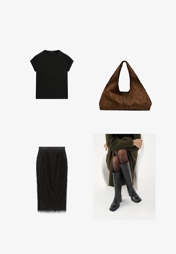 Zwarte t-shirt met korte mouwen en ronde hals, met een rechte zoom, plat weergegeven op een witte achtergrond.; Zwarte kokerrok van textuurstof met een fuzzy afwerking. Heeft een gladde tailleband en een lengte tot de knie.; Knieschijf hoge zwarte leren laarzen met een vierkante neus en blokhak, getoond met een model dat zit in een olijfgroene jas. Gladde textuur, minimale details.; Bruine suède schoudertas met een open bovenkant. Heeft een diepe, brede vorm, een uitsnijdend handvat en een minimale stiksels voor een strak ontwerp.