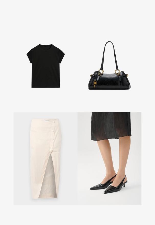 Czarna, krótka koszulka z okrągłym dekoltem i prostym dołem, wyeksponowana na płasko na białym tle.; Beżowa lniana spódnica midi z przednim rozcięciem, z zapięciem na guziki po lewej stronie i jedną kieszenią, gładka faktura.; Czarne czółenka na obcasie typu slingback z zaostrzonym noskiem, o błyszczącej powierzchni, smukłym obcasie i otwartym designie z tyłu. Teksturowany wzór na górnym materiale.; Czarna skórzana torebka o gładkiej fakturze, zaokrąglonym kształcie, złotych akcentach metalowych i podwójnych uchwytach. Posiada dekoracyjny zamek z boku.