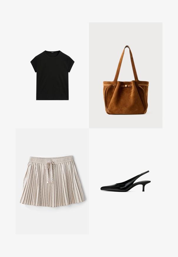 T-shirt nera a maniche corte con collo rotondo e orlo dritto, presentata in piano su uno sfondo bianco.; sandro JUPE SAME FIT - Gonna a pieghe - kaki/rose; Scarpa slingback nera con punta appuntita, in pelle lucida e con un tacco sottile e basso. Presenta un taglio laterale per garantire traspirabilità.; Borsa a tracolla in suede marrone con doppio manico, chiusura a bottone e una forma rilassata, leggermente morbida.