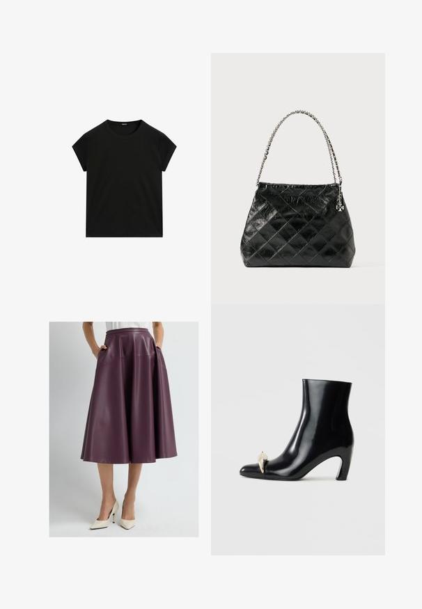 Zwarte t-shirt met korte mouwen en ronde hals, met een rechte zoom, plat weergegeven op een witte achtergrond.; Vrouw in een donkerpaarse leren rok tot op de knie met zakken en witte puntige hoge hakken, staande tegen een effen achtergrond.; Zwarte enkelboot van glanzend leer, met een spitse neus en een decoratieve gouden en zilveren accent aan de voorkant. Ontwerp met blokhak.; Zwarte gewatteerde leren handtas met een zilveren kettinghengsel, met een gestructureerd ontwerp en een gladde textuur.