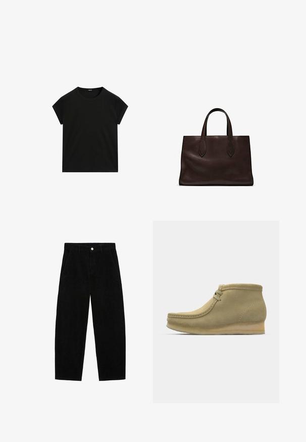 Svart kortärmad t-shirt med rund halsringning och rak fåll, visad liggande på en vit bakgrund.; Svarta kordflorsbyxor med en vid bendesign, med sidofickor och en framknäppning. Texturen är ribbad och ger en mjuk känsla.; Beige mockasinfärgad läderstövletter med rund tå, minimal sömnad, en liten klack och snörning för justerbar passform.; Brun läder tote-väska med två avlånga handtag, strukturerad rektangulär form, slät textur och subtila sömdetaljer.