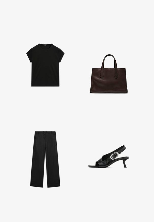 Sort kortærmet T-shirt med rund hals og lige kant, præsenteret fladt på en hvid baggrund.; Bredde ben sorte bukser lavet af en bomuldsblanding, med en glat tekstur, frontlommer og minimale syninger.; Sorte læderslynge sko med åben tå, med et sølvfarvet oval spænde på remmen og en slank kitten hæl. Glat tekstur.; Brun læder tote bag med to forlængede håndtag, struktureret rektangulær form, glat overflade og subtile syninger.