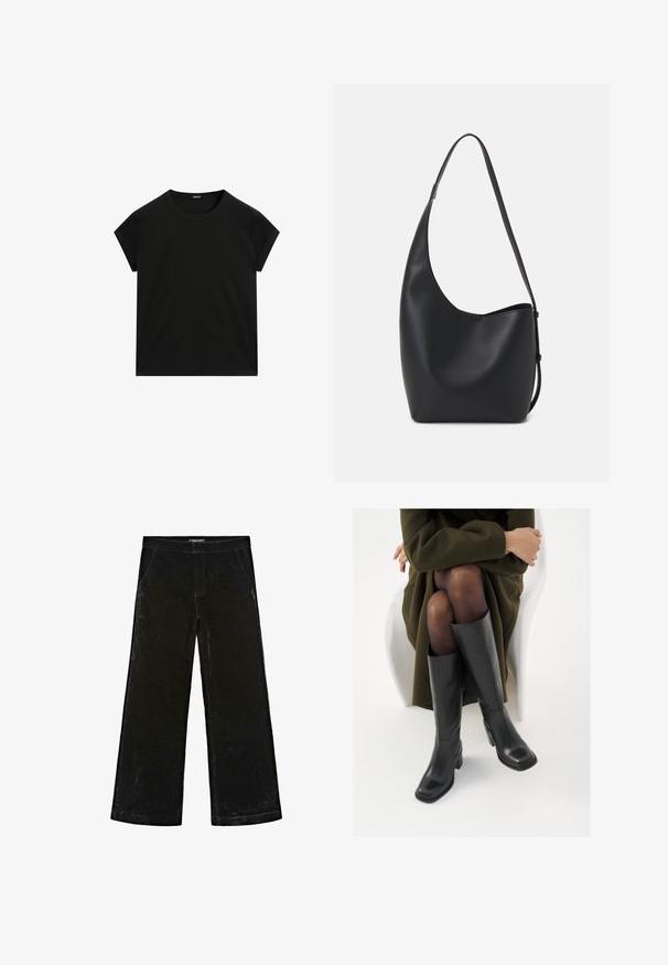 Schwarzes kurzärmeliges T-Shirt mit Rundhalsausschnitt und geradem Saum, flach auf einem weißen Hintergrund präsentiert.; Schwarze weit geschnittene Hosen aus weichem Samtstoff, mit einer mittelhohen Taille, zwei Seitentaschen und dezenten Nähten.; Knöchelhöhe schwarze Lederstiefel mit quadrater Spitze und Blockabsatz, gezeigt mit einem Modell, das einen olivgrünen Mantel trägt. Glatte Textur, minimale Details.; Schwarze Leder-Hobo-Tasche mit einer glatten Textur, geschwungener Form und einem einzelnen verstellbaren Tragegurt; verfügt über eine weite Öffnung am oberen Ende.
