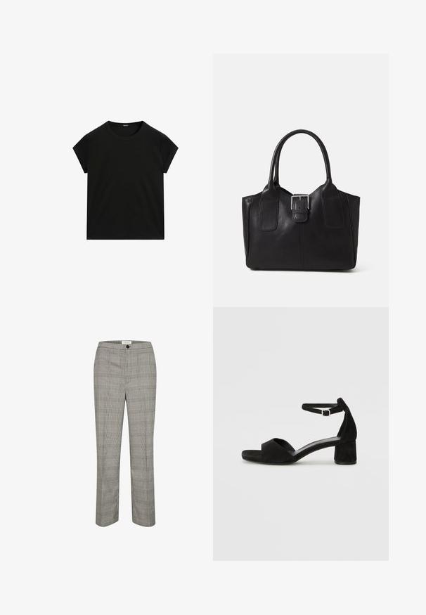 T-shirt nera a maniche corte con collo rotondo e orlo dritto, presentata in piano su uno sfondo bianco.; Pantaloni a quadri grigi con frontale piatto, chiusura con bottone e gambe dritte. Il tessuto ha una superficie liscia con un classico motivo a scacchi.; Sandali con tacco in suede nero, con una sottile fascia alla caviglia, design open toe e un discreto tacco a blocco. Texture liscia e decorazioni minime.; Borsa tote in pelle nera con texture liscia, forma strutturata, due manici e un evidente dettaglio in fibbia argentata sul davanti.