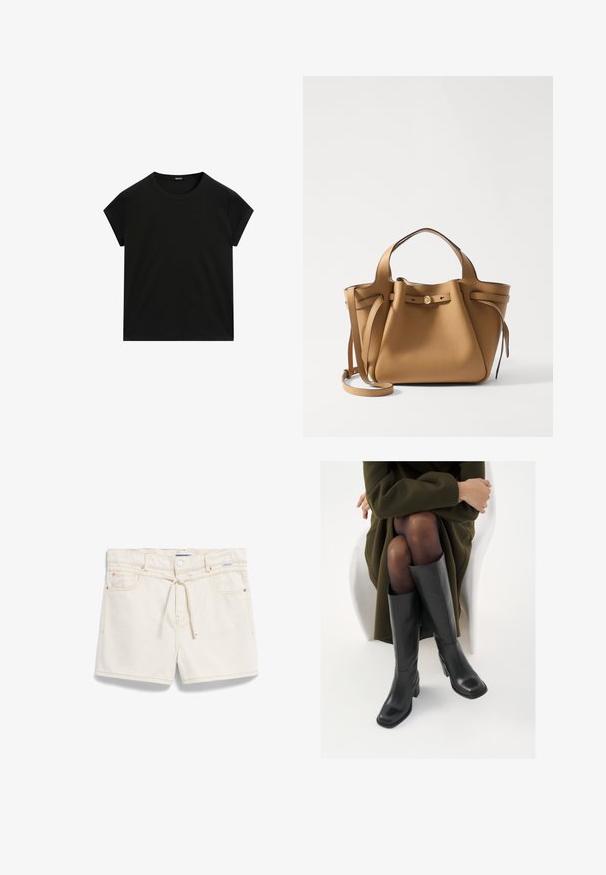 Zwarte t-shirt met korte mouwen en ronde hals, met een rechte zoom, plat weergegeven op een witte achtergrond.; Crème-kleurige denim shorts met een ontspannen pasvorm, voorzien van een touwsluiting, twee voorzakken en contrasterende stiksels.; Knieschijf hoge zwarte leren laarzen met een vierkante neus en blokhak, getoond met een model dat zit in een olijfgroene jas. Gladde textuur, minimale details.; Tory Burch ROMY PEBBLED SATCHEL - Handtas - tiramisu