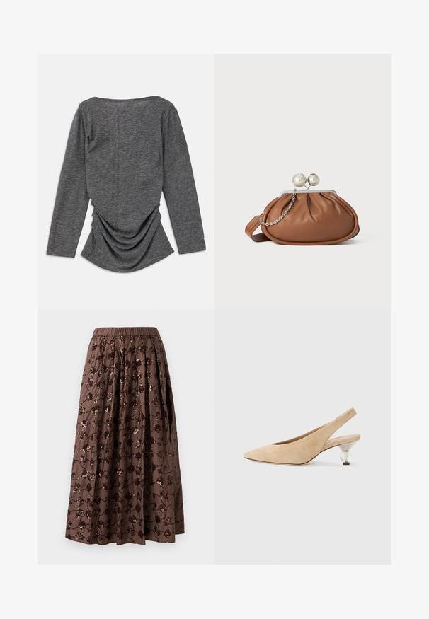 Top gris de manga larga con una textura suave, que presenta un escote amplio y un detalle fruncido en la parte de atrás, creando una silueta fluida.; Falda midi marrón con cintura elástica, adornos de lentejuelas florales, diseño plisado y una textura de tela suave.; Zapato tipo slingback de ante beige con punta afilada y tacón redondeado transparente. Textura suave y diseño minimalista.; Bolso de mano de cuero marrón con cierre de bola plateada y un pequeño detalle de cadena plateada sobre un fondo blanco.