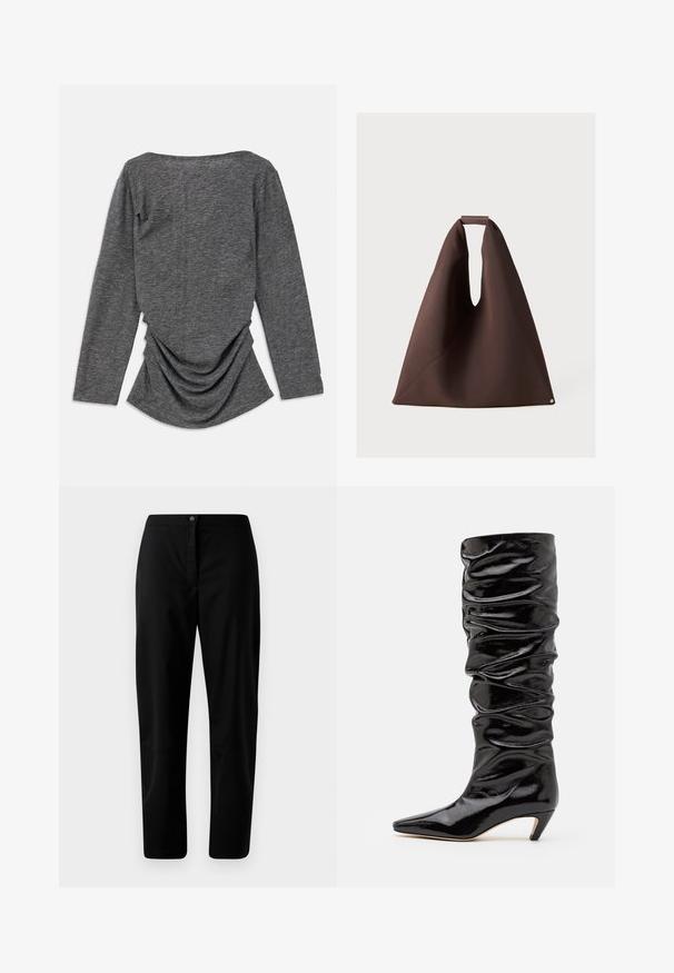 Pelēks garām piedurknēm tops ar mīkstu faktūru, ar plašu kakla izgriezumu un savītām detaļām aizmugurē, radot plūstošu siluetu.; Melnas taisnas kājas bikses ar pogu un rāvējslēdzēju, gluda auduma un minimālais dizains uz viendabīga gaiša fona.; Melnas, spīdīgas ceļgala augstuma zābaks ar ručotu tekstūru, smailu purngalu un zemu koniska formā papēdi. Gluda materiāla ar vieglu mirdzumu.; Brūns auduma iepirkumu soma ar unikālu formu, kurai ir plaša atvere, teksturēta virsma un mazs apļa akcents apakšā.