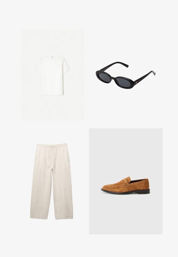 T-shirt bianco in cotone, collo rotondo, maniche corte, vestibilità comoda, texture liscia, senza motivi o dettagli visibili.; Pantaloni in lino di colore beige chiaro, con una vita elastica e cordoncino, design a gamba larga e tasche laterali. Texture liscia.; Mocassini in suede marrone con punta arrotondata, caratterizzati da cuciture decorative, una fascia elastica sulla parte superiore del piede e una suola in gomma piatta.; Occhiali da sole neri oversize con lenti ovali, montatura in plastica liscia e accenti dorati sulle tempie. Le lenti scure offrono protezione dal sole.