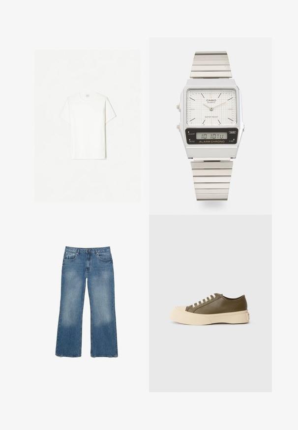 Bílá bavlněná tričko, klasický výstřih, krátké rukávy, volný střih, hladká textura, žádné viditelné vzory ani akcenty.; Svetle modré denimové kalhoty širokého střihu s vybledlým vzhledem, pěti kapsami a zipovým zapínáním. Švy na lemech a klasický střih.; Nízké tenisky olivové barvy s tlustou smetanovou podrážkou a bílými šňůrkami, vystavené na jednoduchém bílém pozadí.; Stříbrné quartz hodinky Casio s obdélníkovým ciferníkem, texturovaným bílým ukazatelem, analogovými ručičkami, digitálním displejem a kovovým náramkem. Vodotěsné.