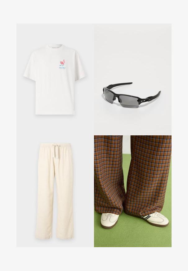 Hvid bomulds T-shirt med rund halsudskæring, korte ærmer, prydet med et farverigt blomsterdesign og "Saint Tropez" tekst på brystet.; Linnedragt i off-white med brede ben, med en elastisk talje og bindebånd. Glat tekstur og fuld længde.; Brune og blå ternede brede benbukser parret med hvide sko med sorte accenter og strukturerede såler, sat mod en grøn baggrund.; Sorte sports solbriller med grå linser, en buet rammedesign og logodetalje på siden. Fremstillet af letvægts plastmateriale.