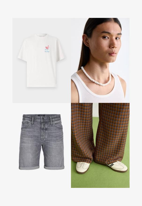 Weißes Baumwoll-T-Shirt mit rundem Halsausschnitt und kurzen Ärmeln, mit einem bunten Blumenmuster und dem Text "Saint Tropez" auf der Brust.; Graue Jeansshorts mit einem leicht abgetragenen Look, einem umgeschlagenen Saum, einem Fünf-Taschen-Design und einem Knopfverschluss. Marke: JACK & JONES.; Braun und blaue Karohosen mit weitem Bein, kombiniert mit weißen Schuhen mit schwarzen Akzenten und strukturierten Sohlen, vor einem grünen Hintergrund.; Weißes Muschelkette, die aus unregelmäßigen Formen besteht, getragen über einem enganliegenden weißen Tanktop. Glatte Textur mit subtiler Schattierung, körpernahe Passform.