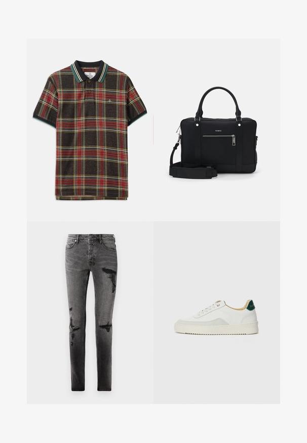 Tumši brūns polo krekls ar sarkanu, dzeltenu un zaļu svītrām. Tam ir melna apkakle ar zaļām un baltām svītrām, kā arī divi pogas.; Melni džinsi ar plīsu detaļu, kas nodrošina šauru piegriezumu, pieci kabatas un klasisku rāvējslēdzēju. Nēsāta izskata ar izbalējušām vietām.; Baltas sneakers ar zamša akcentiem, noapaļota purngala, plakaniem auklām un krēmkrāsas gumijas zoli. Ar zaļu zīmolu uz papēža.; Melnā sintētiskā tote somā ir divas rokas, noņemams plecu siksniņš, priekšējā kabata ar rāvējslēdzēju un sudraba aksesuāri.