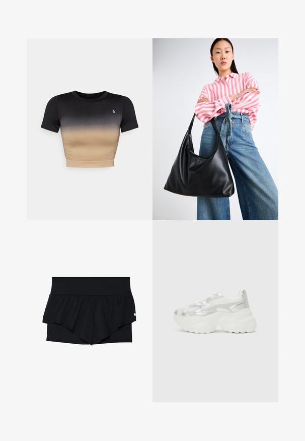Top curto de mangas curtas com um degradê do preto ao bege. Textura suave, decote redondo e um logo discreto no peito.; Calções atléticos pretos com um design em camadas de folhos. A camada exterior é lisa, enquanto a interior possui um tecido texturizado e perfurado.; Sapatilha prateada com um cabedal em malha texturizada e detalhes iridescentes, apresentando uma sola branca robusta e fecho de atacador.; Bolsa de ombro em couro preto com uma forma descontraída e detalhes costurados. O modelo usa uma camisa listrada em rosa e branco com jeans de perna larga azul.