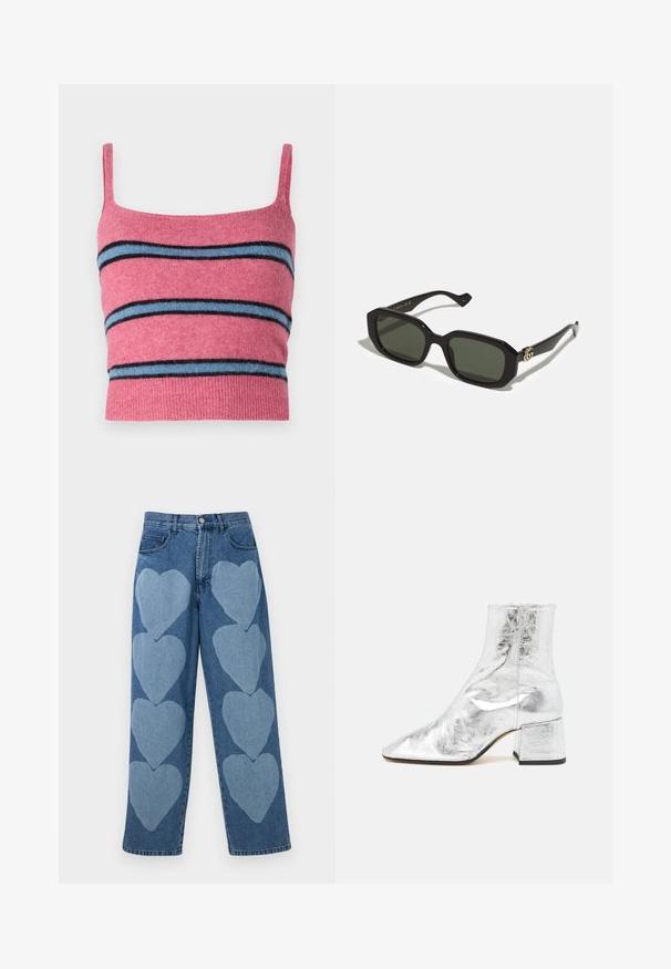 Samsøe Samsøe NOURA - Top - rose wine; Džínové kalhoty s uvolněným střihem, které mají vpředu aplikované světle modré vzory srdce, pět kapes a zapínání na knoflík.; Stříbrné kotníkové boty s špičatou špičkou, lesklým kovovým povrchem a blokovým podpatkem. Hladký povrch s minimem švů.; Černé obdélníkové sluneční brýle s pevným zeleným sklem, s lesklým povrchem a zlatým logem na straně.
