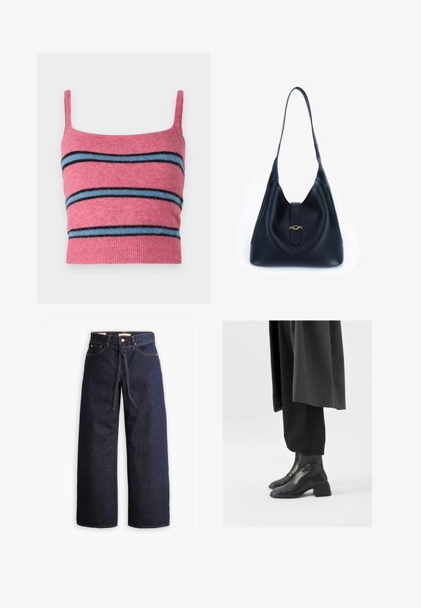 Samsøe Samsøe NOURA - Top - rose wine; Jeans de mezclilla oscuros de pierna ancha con cintura alta, que cuentan con un lazo ajustable, cinco bolsillos y detalles de costura en contraste.; Botas de cuero negro hasta el tobillo con punta cuadrada y tacón grueso, combinadas con pantalones negros holgados y un abrigo gris oscuro. Textura de superficie suave.; Bolso de mano de cuero negro con un diseño suave y flexible. Presenta una correa plana y un cierre central adornado con un acento dorado.