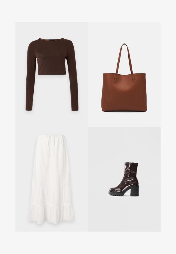 Brauner, langärmeliger, verkürzter Oberteil aus glattem Material mit einem runden Ausschnitt und figurbetontem Design. Keine sichtbaren Muster oder Akzente.; Langer, weißer Baumwollrock mit elastischem Bund und verstellbarem Kordelzug. Verfügt über gestufte Lagen mit zarter Spitze am Saum.; Glatte bordeauxrote Ankle Boots mit einem klobigen schwarzen Absatz, die eine glatte Oberfläche und ein einfaches Design aufweisen. Keine sichtbaren Verschlüsse oder Muster.; Braune Leder-Tote mit glatter Textur, offenem Oberteil und zwei Schulterriemen. Verfügt über minimale Nähte und keine sichtbaren Beschläge.